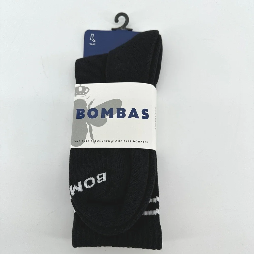 Bombas Calf Socks Black White Stripe Cotton Blend Honeycomb Arch Support NEW